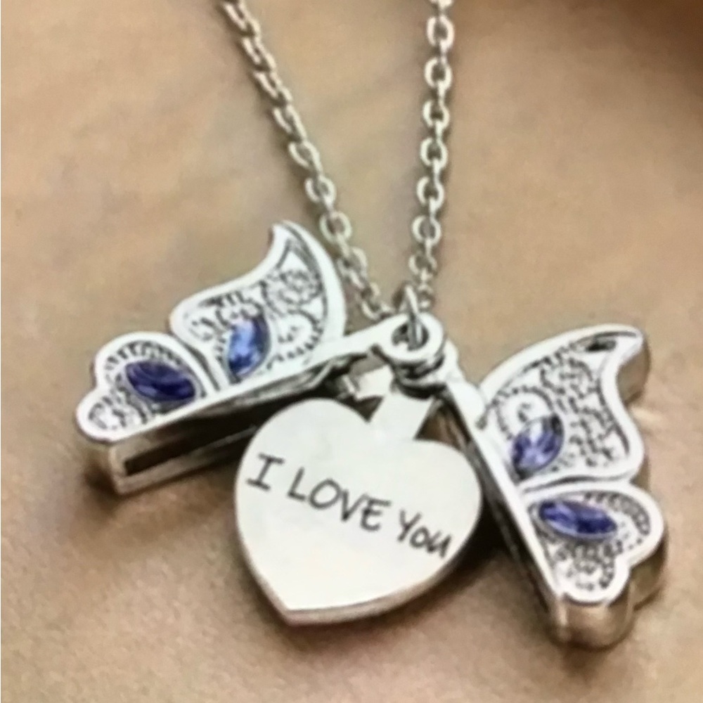 Silver Butterfly Heart Pendant Necklace with Blue Accents